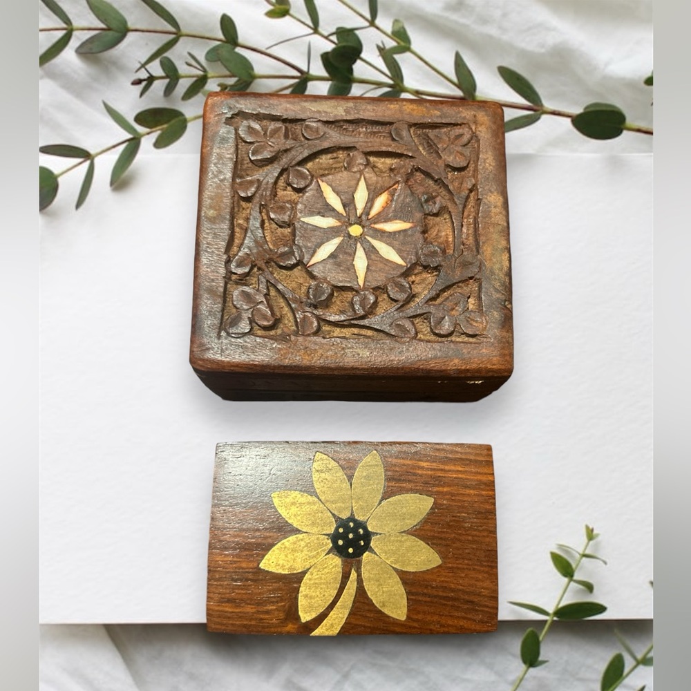 🌻Vintage Handmade Wooden Floral Hinged Trinket Jewelry Boxes (Bundle of 2)